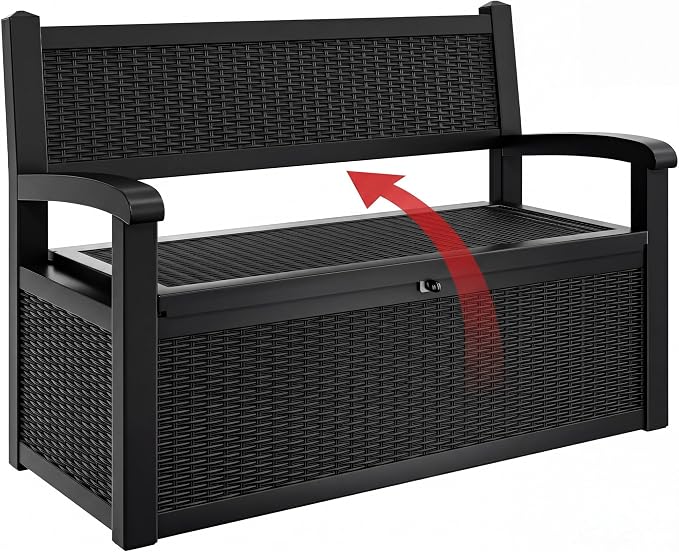 YITAHOME 80 Gallon Storage Bench Deck Box, Lockable Patio Bench with Hidden Storage, Waterproof Outdoor Pool Deck Storage for Patio Cushions, Garden Tools and Pool Supplies, Black