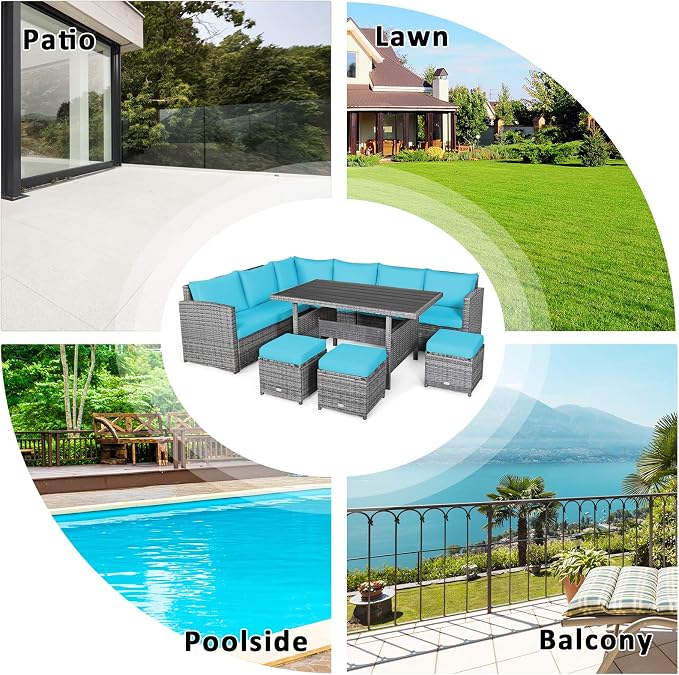 Tangkula 7 Pieces Patio Furniture Set, Outdoor Sectional Rattan Sofa Set with Cushions, All Weather Wicker Conversation Couch Set w/Dining Table & Ottomans for Backyard Garden Poolside (Turquoise)