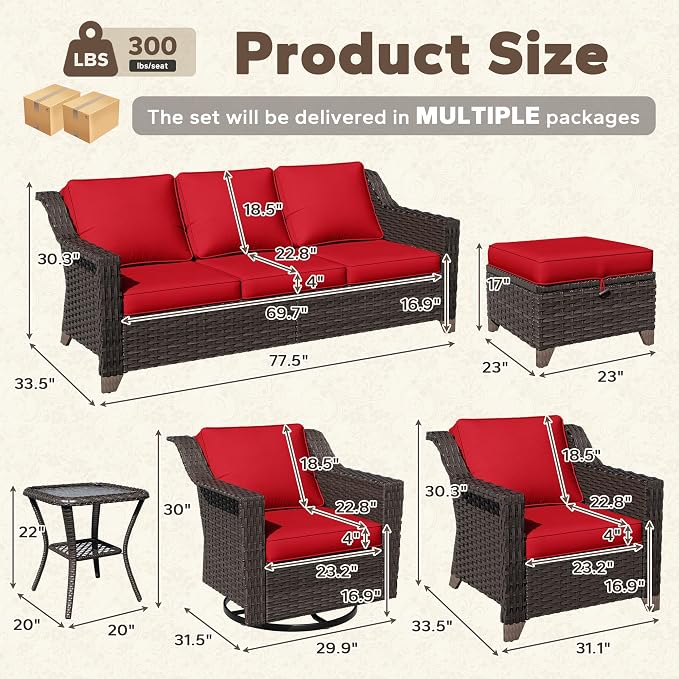 11 Pieces Patio Conversation Furniture Set - 1 Sofa, 2 Ottoman, 2 Armchairs, 4 Swivel Chairs, 2 Side Tables, Outdoor Wicker Furniture with Removable Cushions for Porch, Sunroom (Red)