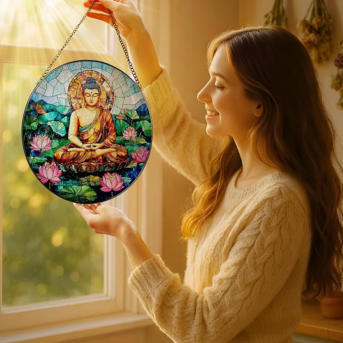 8-Inch Buddha Stained Glass Suncatcher & Ornament, Stained Glass Window Hanging, Sun Catcher Window Decor, Namaste Decor — Gifts for Buddhist & Yoga Lover, Gifts for Christmas, Birthday & Housewarming