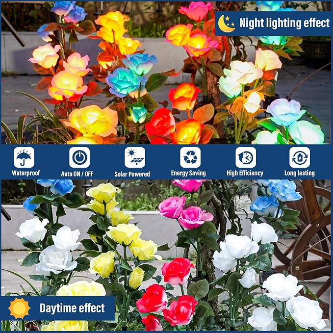 TONULAX Solar Garden Lights - Upgraded Outdoor Light, 7 Color Changing Rose Lights for Yard,Garden Decoration, Enlarged Solar Panel, More Realistic Rose Flower (6 Pack)