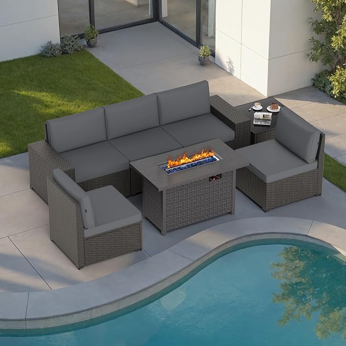 Patio Furniture Set with Fire Pit Table, 7PCS Outdoor Conversation Sets Waterproof Rattan Sectional Sofa with 4” Thickened Cushion Modular Wicker Patio Furniture Set with Glass Top Table (Grey)