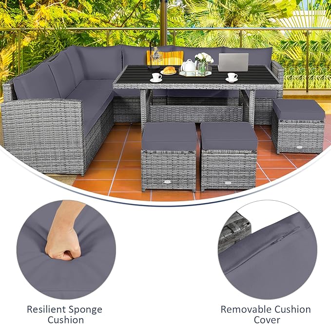 Tangkula 7 Pieces Patio Furniture Set, Outdoor Sectional Rattan Sofa Set with Cushions, All Weather Wicker Conversation Couch Set w/Dining Table & Ottomans for Backyard Garden Poolside (Grey)