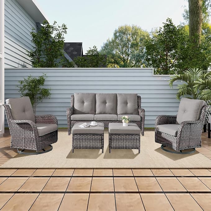 Rilyson 5 Piece Outdoor Patio Furniture Set - Rattan Wicker Patio Conversation Sets with 2 Swivel Rocker Chairs,2 Ottomans and 1 Sofa for Outside Porch Deck Backyard(Mixed Grey/Grey)