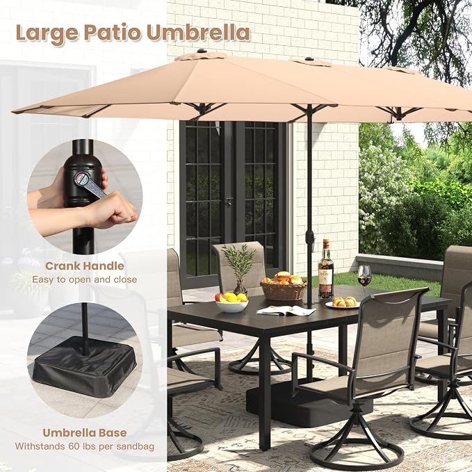 Outdoor Dining Set for 6, 8 Pieces Patio Table and Chairs Set with Umbrella, 63" Outdoor Dining Table and Padded Textilene Patio Swivel Chairs for Garden Backyard, Mixed Brown and Black