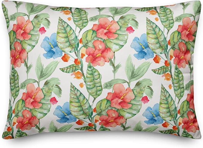 Tropical Floral Pattern Indoor/Outdoor Pillow | Decorative Pillows for Living Room Couch Bed Sofa Patio, Fluffy Soft Cushion | Water Resistant Green, 14x20
