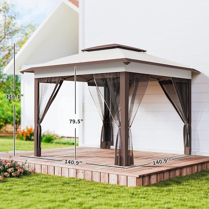 Outsunny 12' x 12' Pop Up Canopy Tent with Netting and Carry Bag, Instant Sun Shelter with 137 sq.ft Shade, Tents for Parties, Height Adjustable, for Outdoor, Garden, Patio, Beige and Brown
