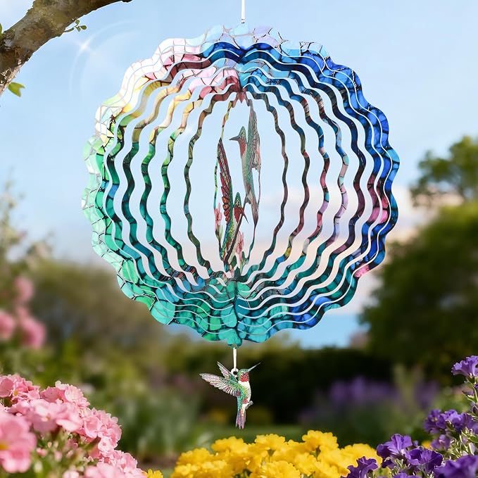 Hummingbird Wind Spinner, 12 Inch Stainless Steel Metal Wind Spinners, 3D Kinetic Hanging Sculpture, Indoor/Outdoor Garden Decor, Yard Art, Hummingbird Gifts for Women, Men, Mom, Dad, Grandma