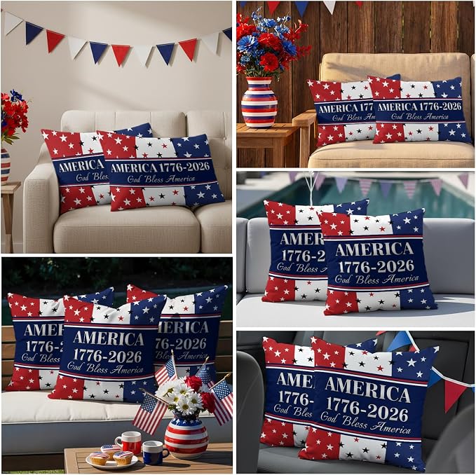 America 250th Anniversary Outdoor Pillow Covers 16"x16" Set of 2, God Bless America Patriotic Star Strip Waterproof Throw Pillow Covers for Patio Furniture, Decorative Cushion Covers for Porch