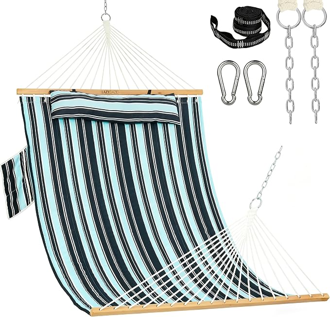 Lazy Daze Hammocks 10.5FT 2 Person Double Quilted Fabric Hammock with Spreader Bar, Detachable Pillow, Side Pocket, Carabiners, Chains, Straps for Outdoor, 450lbs Capacity, Aqua Navy