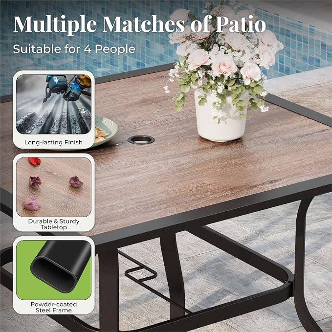 MIXPATIO 5 Pieces Patio Table and Chairs Set, 4 Person Outdoor Dining Furniture Set, 4 Red Textilene Chairs and 37" Wood-Like Table Top Table with Umbrella Hole, for Deck Backyard Lawn