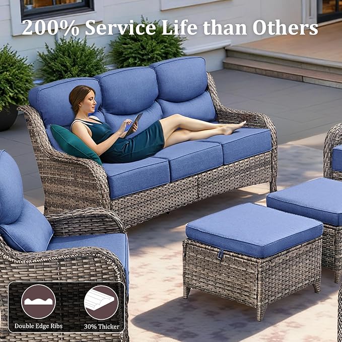 Luxury High Back Patio Furniture Set with 6-Inch Thick Cushions, 9-Pieces Outdoor Furniture with Swivel Chairs, Wicker Conversation Set for Porch, Balcony, Deck and Yard, Grey/Blue