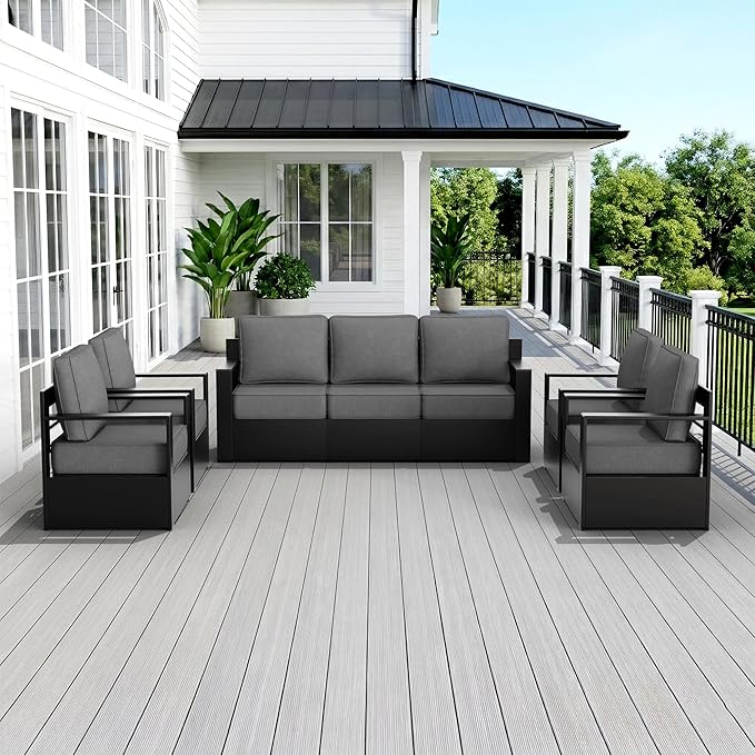 Outdoor Patio Furniture Set, 5-Piece Aluminum Patio Conversation Set All-Weather Metal Outdoor Sectional with 6 Inch Thick Cushions, Deep Setting for Garden, Outside and Porch, Grey