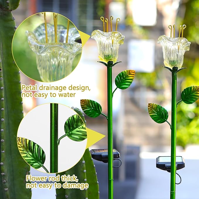 VChymm Solar Decorative Flowers 2 Pack - Waterproof Yellow Glass Lily Flower Lights, Auto ON/OFF for Garden, Patio, Backyard