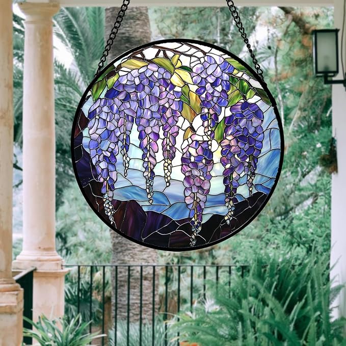 Stained Glass Window Hanging, Wisteria Flower Sun Catcher for Door Home Decor Purple and Blue Suncatcher Christmas Mother's Day Birthday Gifts for Women Men Mom and Nana 9.8 in