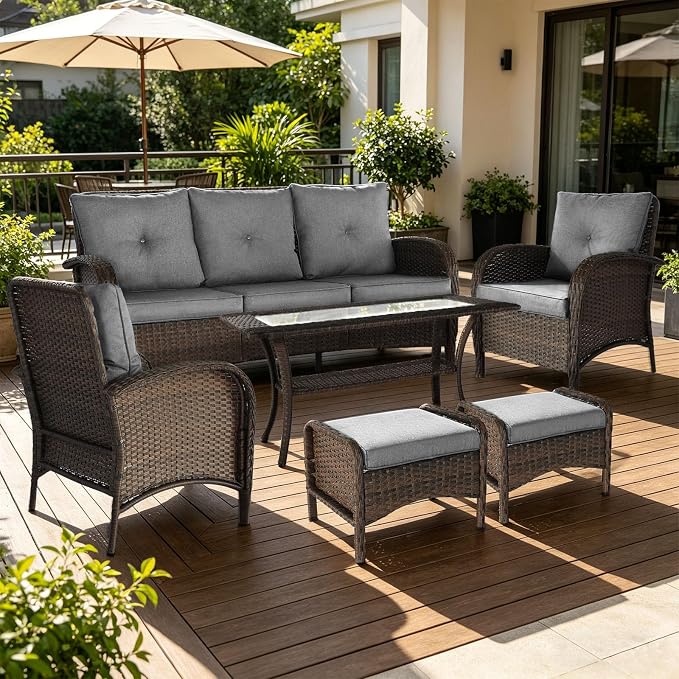 Outdoor Swivel Rocker Patio Chairs (Brown Wicker/Grey Cushion, 6PC/Sofa & Chair &Coffee Table & Ottomans)