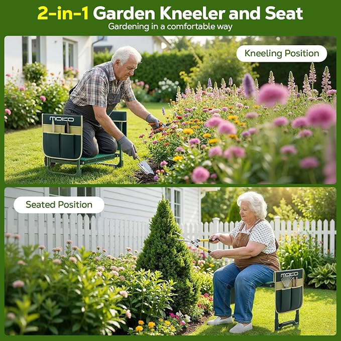 MoKo Garden Kneeler, 350 lb Foldable Garden Kneeler and Seat Tool Bag,Green | 2-in-1 Heavy Duty Gardening Stool,10.2in widened seat cushion and 2 Oxford tool bag, Gardening Gifts for Women, Seniors,