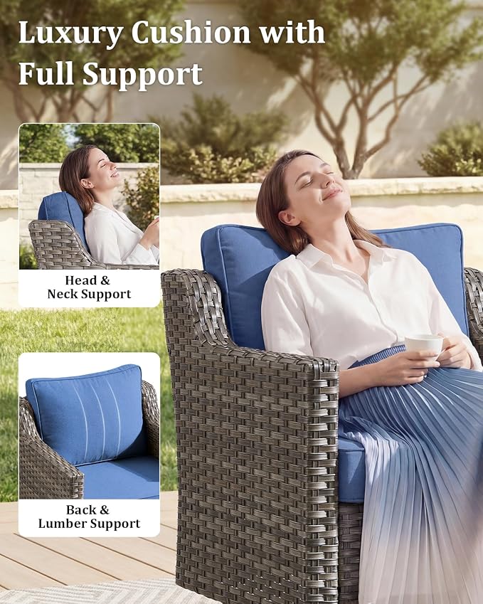 Outdoor Furniture Set of 9, Patio Sofa with Luxury 4" Cushion, Wicker Swivel Rocker Patio Chairs, and Fire Pit Table Table, High Back&Deep Seat for Garden Deck Porch Balcony Backyard - Blue