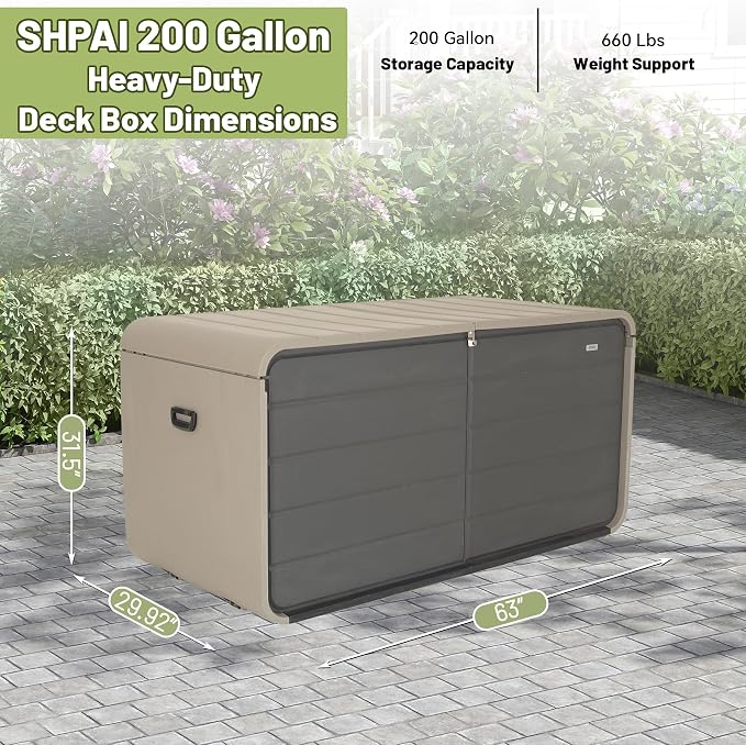 Resin Deck Box 200 Gallons, Extra Large Heavy-Duty Outdoor Storage Box, Lockable & Waterproof Patio Outside Storage Box for Patio Furniture, Tools, Pool Supplies