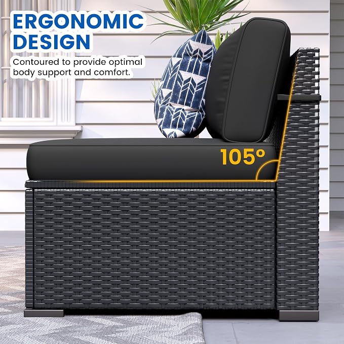 8 Piece Patio Furniture Set with 44” Fire Pit Table All-Weather Wicker Conversation Sectional Sofa & Coffee Table with Thickened Cushions for Backyard, Garden(Black)