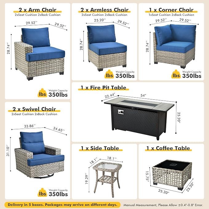 10 Pcs Outdoor Sectional Patio Furniture Set with Fire Pit Table and Swivel Rocking Chairs - All Weather Wicker Modular Outside Sectional Couch,Patio Seating Outdoor Conversation Sets,Navy Blue