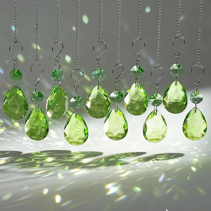 10 Pcs Green Crystal Bauhinia Suncatcher Prisms Chandelier Window Decor | Green Crystal Bauhinia Prisms Suncatcher Pendants 3 Inch Chandelier Beads Replacement Hanging for Window Garden Wedding Decor