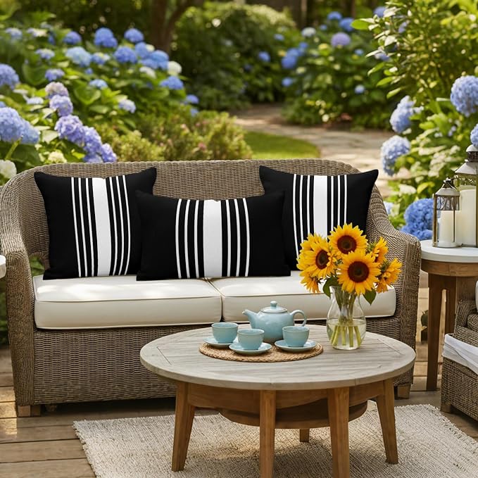 Black White Stripe Outdoor Pillow Covers 24x24 Inch Throw Pillow Covers Set of 2 Waterproof Decorative Pillow Cases Modern Rustic Vertical Striped Cushion Covers for Patio Furniture Garden Couch Sofa