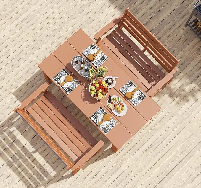 BRIOPAWS Outdoor-Dining-Table-Set | 3 Piece | HDPE | 2 Benches Chairs Sets for 4 | Patio Dinner Furniture | All Weather | Umbrella Hole | for Poolside Deck Backyard Outdoors | Teak