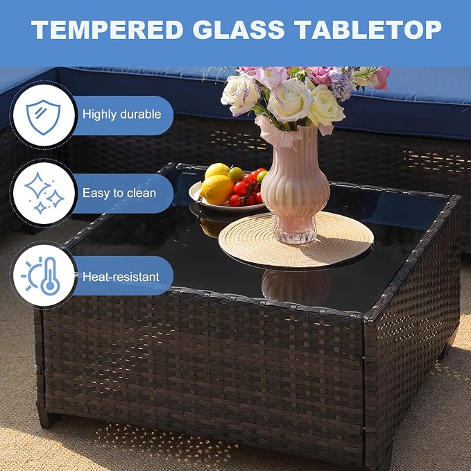 Patio Furniture Set, 10 Pieces Outdoor Couch Sofa with Wider Armrests & Glass Coffee Table, Outdoor Sectional Furniture with Thick Cushions for Party, Poolside,Garden-Navy