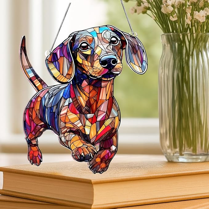 Dachshund Gifts for Women, Colorful Dachshund Ornament for Window Hanging | 5.9"x5" Acrylic Suncatcher Ornament Faux Stained Glass, Dog Lovers Gifts for Women, Dogs Christmas Ornaments for Tree Hanging