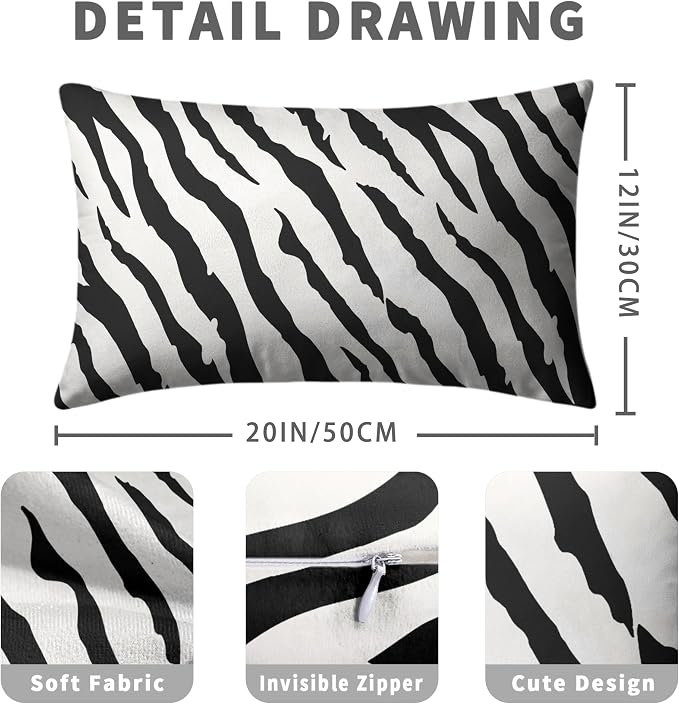 Zebra Pillow Covers Zebra Striped Pattern Rectangle Pillow Case 12x20 Black and White Lumbar Throw Pillow Covers for Bedroom Living Room Sofa Set of 2