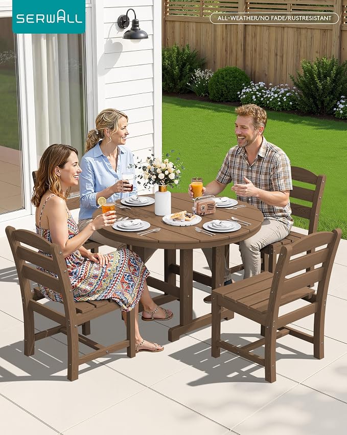 SERWALL 5-Piece Patio Dining Sets, HDPE Outdoor Table and Chairs Furniture Set, 45" Round Dining Table and 4 Armless Dining Chairs, Brown