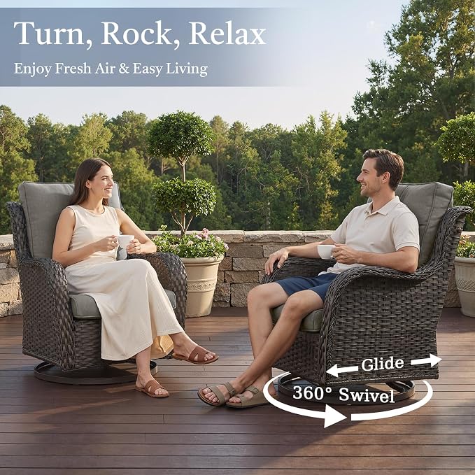 8 Piece Patio Furniture Set with 41" Fire Pit Table - Patio Conversation Set with 4 Inch Thick Cushions and Deep Seating Swivel Glider Chairs Set of 4 & Outdoor Couch for Porch Deck Yard Pool