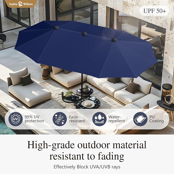 Sophia & William Patio Set with Umbrella Outdoor Dining Set for 6 with 13ft Umbrella Navy Blue, 6 x Patio Chairs Grey, 1 Wood Like Outdoor Dining Table for Deck Lawn Garden (No Umbrella Base)