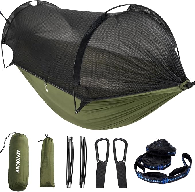 ADVOKAIR Camping Hammock with Mosquito Net Up to 500lbs, Ultralight and Portable Nylon Travel Hanging Hammock with Tree Straps, Perfect for Outside, Backpacking, Hiking and Backyard