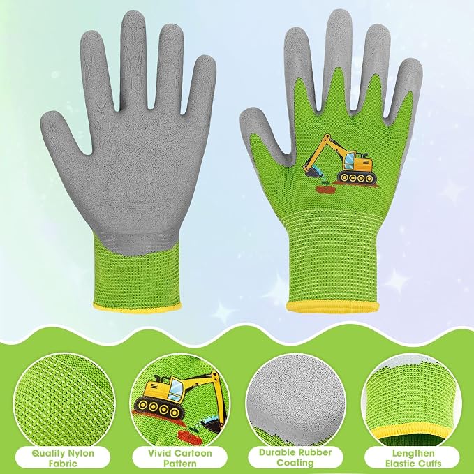 WAWSAM Kids Gardening Gloves 3 Pairs Toddlers Rubber Coated Work Gloves Children Garden Gloves