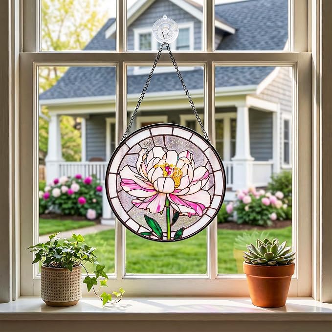 Stained Glass Window Hanging, Pink Peony Suncatcher 7.8 in Sun Catcher Glass Panel Boho Wall Art Decor with Chain Diamond Glass Panel Hangings Scenery Sun Catchers Decor for Lover Couple Mom