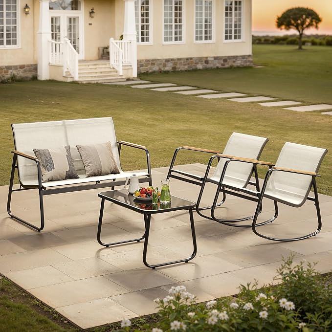 Ahomly Outdoor Patio Furniture Set 4 Pieces, Conversation Textilene Fabric Chairs with Coffee Table Rocking Chairs Bistro Set for Backyard, Poolside, Porch (White)