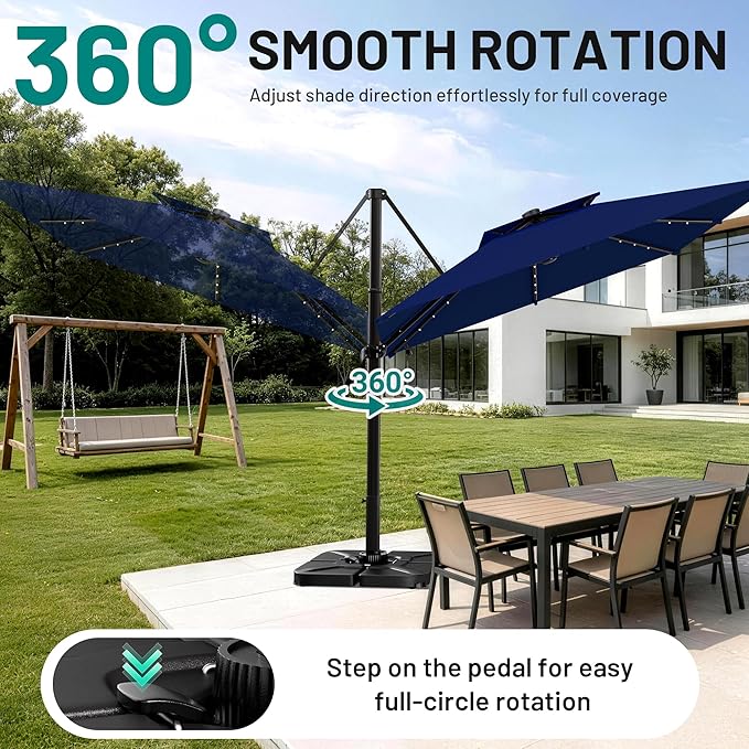 AreShark 10×10FT Solar LED Cantilever Umbrella, Double-Top Outdoor Patio Offset with 360 Degree Rotation, Square Offset Hanging Umbrella for Garden Deck Pool, Navy