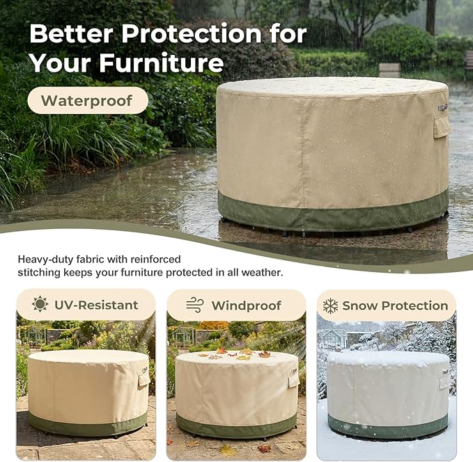 BPS Waterproof Patio Table and Chairs Cover, 600D Anti-UV Outdoor Dining Furniture Set Cover with Air Vent and Storage for Patio Round Sectional Set, 108''Dia x 32''H