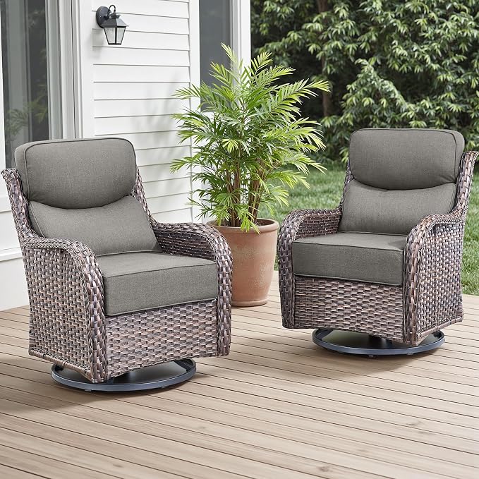 Rilyson Outdoor Swivel Rocker Chairs - All Weather Resistant Wicker Patio Furniture Set of 2 with High Back and 6 inch Thick Cushions for Deck Porch Yard and Poolside, Brown/Grey
