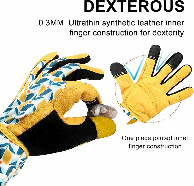 Thornproof Rose&Cactus Gardening Gloves,Gauntlet Garden Glove,Gifts | Canvas,Cute Floral Pattern,Leather Palm,Touchscreen,Durable Material,Garden Gift,Men&Women,Machine Washable,Adjustable Cuff
