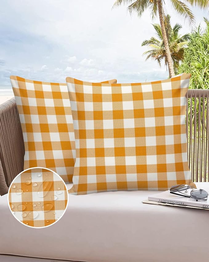 Outdoor Waterproof Throw Pillow Covers Set of 2 Orange Buffalo Check Plaid Pillowcases 24x24 Inches Farmhouse Style Patio Decorative Pillows Cushion Case Patio Pillows for Couch Bed Chair Garden