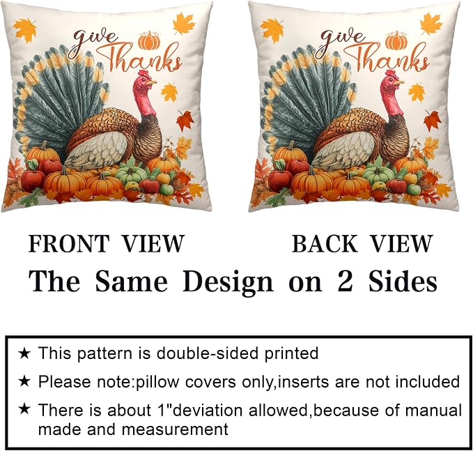 Set of 2 Thanksgiving Throw Pillow Covers 22x22 Turkey with Autumn Pumpkin Pillow Covers Fall Harvest Pillow Case Square Cushion Case for Living Room Couch