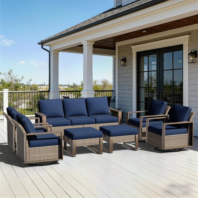 7 Pieces Metal Wicker Patio Furniture Set - 75" Sofa, Four Swivel Chairs and Two Ottomans, All Weather Rattan Outdoor Conversation Furniture with Washable Cushion for Deck Porch, Dark Blue