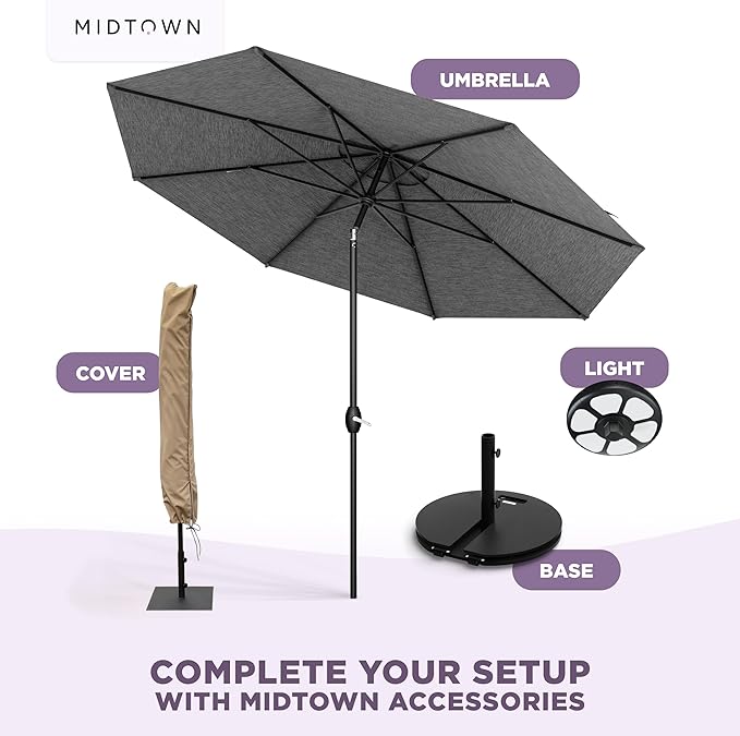 Midtown Umbrellas - The Lean 8 Ft Patio Umbrella with Fade-Resistant Sunbrella Fabric, Auto-Tilt Aluminum Frame and 8 Reinforced Ribs for Deck, Pool & Garden - Cast Slate Canopy, Black Pole