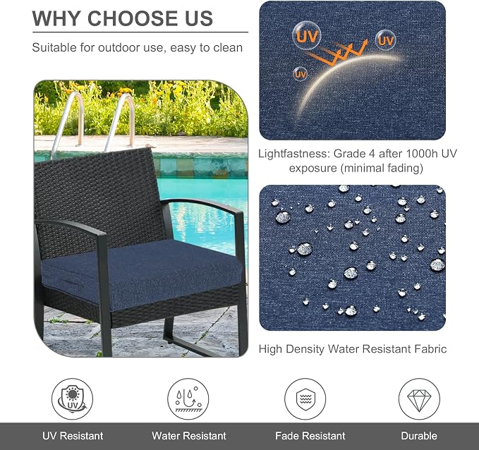 Aoodor Patio Chair Cushions Set of 4, 21 x 21 x 4 Inch Water Resistant Outdoor Seat Cushions with Handle and Ties, Square Corner Cushions for Patio Furniture Garden Lawn, Navy Blue