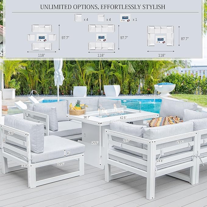 BULEXYARD 9 Pcs Luxury Aluminum Outdoor Sectional Sofa with Rectangular Fire Pit Table, Oversized L Shaped Patio Furniture Set, 29" Deep Wide Seat, 500 lbs Heavy Duty Conversation Set for Yard, White