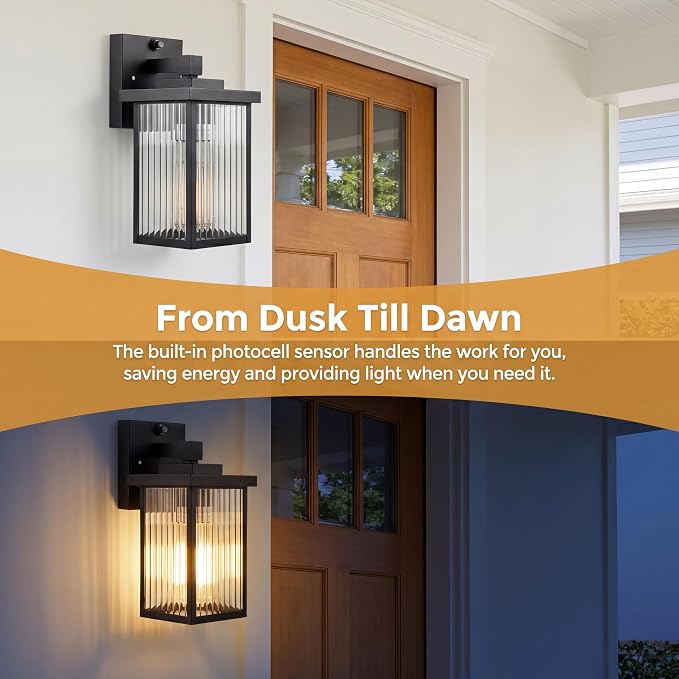 Black Dusk to Dawn Wall Mount Porch Lights, Exterior Light Fixtures | Auto On and Off, Anti-Rust Metal Frame, Tempered Glass, E26 Socket, Easy DIY Install on Porch, Garage