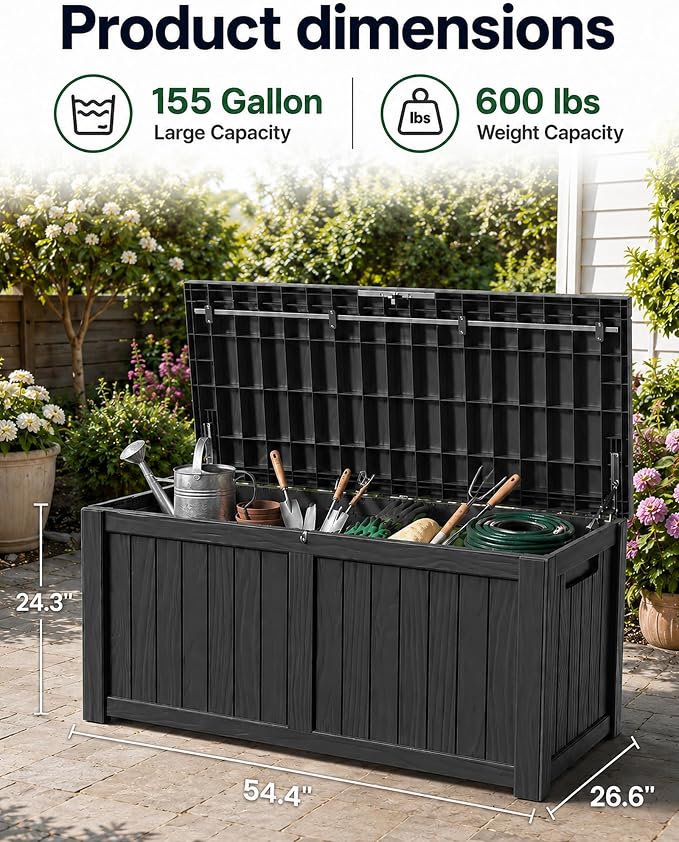 155 Gallon Waterproof Outdoor Storage Box, Large Lockable Deck Box, Indoor Outdoor Resin Storage Bench with Hydraulic Rod for Patio Furniture/Cushions/Garden Tools/Backyard/Pool Accessories, Black